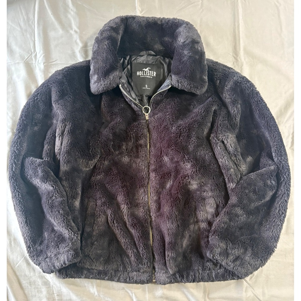 Hollister Faux Fur Bomber Jacket Grey Teddy Full Zip Coat Womens Small S